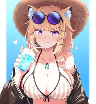 1girl animal_ear_fluff animal_ears aqua_nails arknights bikini black-framed_eyewear black_jacket blonde_hair blue_background blush breasts brown_bikini brown_hat cleavage closed_mouth commentary_request crazy_straw drink drinking_straw eyewear_on_head fang fingernails hair_ornament hairclip hat heart heka=ton highres holding holding_drink jacket jewelry large_breasts long_hair long_sleeves looking_at_viewer nail_polish off_shoulder official_alternate_costume pendant purple_eyes revision round_eyewear skin_fang smile solo straw_hat striped_bikini striped_clothes sun_hat swimsuit upper_body utage_(arknights) utage_(summer_flowers)_(arknights) vertical-striped_bikini vertical-striped_clothes white_bikini