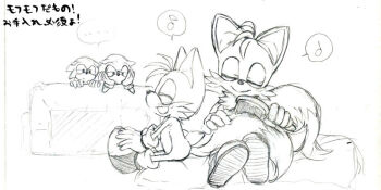 4boys blush brush brushing_tail child classic_sonic classic_tails couch fox gloves hair_brush humming indoors misuta710 multiple_boys multiple_tails sega shoes shota sitting size_difference smile socks sonic_(series) sonic_generations sonic_the_hedgehog spying tail tails_(sonic) traditional_media two_tails