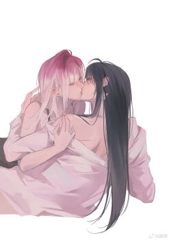 2girls absurdres aura black_hair closed_eyes commentary_request earclip earrings gradient_hair hand_on_another&#039;s_shoulder highres jewelry long_hair miix777 multicolored_hair multiple_girls path_to_nowhere purple_hair rahu_(path_to_nowhere) scar scar_across_eye scar_on_face scar_on_shoulder shalom_(path_to_nowhere) shirt simple_background white_background white_hair white_shirt yuri