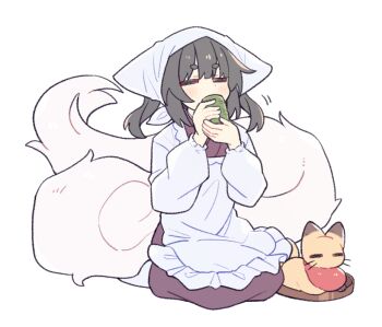 1girl apron black_hair blush closed_eyes cup dot_nose drinking fox fox_girl fox_tail full_body headscarf holding holding_cup japanese_clothes kimono long_sleeves multiple_tails original purple_kimono seiza short_hair simple_background sitting solo suzuno_(suzuno3110) tail thick_eyebrows white_apron white_background white_headscarf