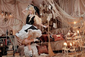 Rule 34 | 1girl, absurdres, apron, blonde hair, book, book stack, braid, broom, carpet, cosplay, cosplay photo, couch, full body, hand on headwear, hat, highres, holding, holding broom, indoors, kirisame marisa, lamp, light smile, long hair, mini-hakkero, photo (medium), pillow, shirt, shoes, side braid, sinkai cos, solo, standing, standing on one leg, touhou, waist apron, white apron, white shirt, white wrist cuffs, wrist cuffs