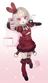 1girl :d back_bow black_bow black_gloves black_shoes black_thighhighs blunt_bangs blush bob_cut bow bowtie buttons cellphone center_frills chocokoronya clothing_cutout collared_shirt colored_inner_hair dress elbow_gloves fangs fingerless_gloves flat_chest frilled_dress frills full_body glove_cutout gloves grey_hair hat hat_bow heart heart_button heart_cutout heart_o-ring highres holding holding_phone idol_clothes layered_dress leg_tattoo leg_warmers makaino_ririmu medium_hair mini_hat multicolored_hair nijisanji o-ring official_alternate_costume official_alternate_hairstyle open_mouth phone pink_hair plaid_clothes plaid_dress plaid_sleeves platform_shoes puffy_short_sleeves puffy_sleeves rabbit_ear_headwear red_bow red_bowtie red_dress red_eyes red_leg_warmers red_sleeves selfie shirt shoes short_dress short_sleeves shoulder_strap skin_fangs smartphone smile solo standing streaked_hair tattoo thighhighs underboob_cutout virtual_youtuber waving white_shirt window_(computing) winged_heart winged_heart_tattoo