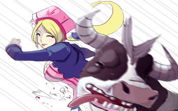 Rule 34 | 1girl, closed eyes, cow, md5 mismatch, nancy (rune factory), nancy (rune factory 4), punching, rune factory, rune factory 4, tongue, tongue out, wizard898