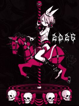 Rule 34 | 1girl, 2026, akaname (akaname 404), belt, black background, black boots, boots, bow, carousel, closed mouth, commentary, cropped shirt, english commentary, full body, hair bow, headphones, highres, kagamine rin, looking at viewer, midriff, monochrome, navel, red theme, riding, ringed eyes, short hair, short shorts, shorts, skull, solo, vocaloid