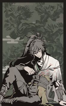 Rule 34 | 1boy, absurdres, arm armor, black hair, black pants, branch, cloak, closed eyes, closed mouth, commentary request, hair between eyes, highres, holding, holding branch, knee up, male focus, mumu (mumu arttt), pants, ponytail, qiuyuan (wuthering waves), sitting, solo, white cloak, wuthering waves