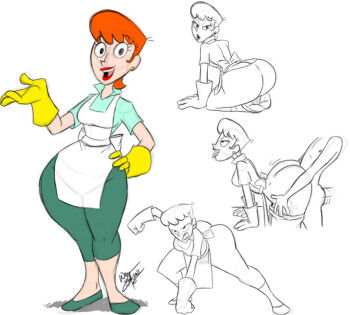 1boy 1girl aeolus apron arm_support ass black_eyes breasts curvy dexter&#039;s_laboratory dexter&#039;s_mom doggystyle earrings full_body gloves grabbing_another&#039;s_ass happy happy_sex hetero huge_ass jewelry kneeling large_breasts legs_apart lips lipstick looking_at_viewer looking_to_the_side makeup motion_lines multiple_views open_mouth orange_hair pants pants_rolled_up plump seductive_smile sex sex_from_behind short_hair signature simple_background smile standing tongue tongue_out white_background wide_hips yellow_gloves