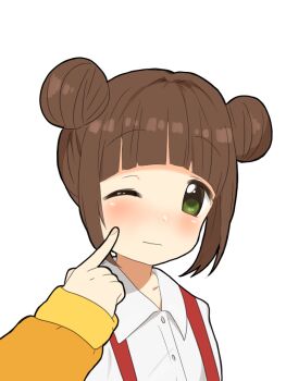 1girl ;| blunt_bangs blush brown_hair cheek_poking double_bun green_eyes hair_bun idolmaster poking sidelocks simple_background solo_focus takatsuki_kasumi upper_body white_background