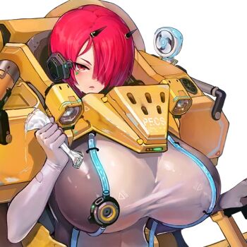 1girl black_horns blunt_bangs bodysuit breasts covered_erect_nipples electric_fan facial_mark female_focus game_cg hair_over_one_eye holding horns huge_breasts ignis_(last_origin) last_origin looking_at_viewer official_art one_eye_covered open_mouth power_suit powered_exoskeleton red_eyes red_hair see-through_clothes short_hair sima_(startwitch) small_horns tight_clothes transparent_background upper_body