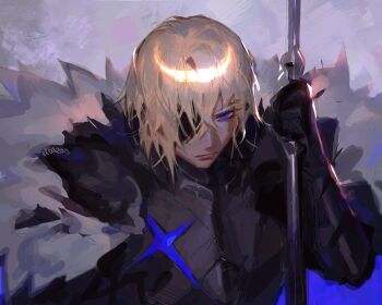 1boy arm_up armor black_armor black_fur blonde_hair blue_cape blue_eyes breastplate cape closed_mouth commentary crossed_bangs dimitri_alexandre_blaiddyd dimitri_alexandre_blaiddyd_(timeskip) elodeas english_commentary eyepatch fire_emblem fire_emblem:_three_houses fur_trim gauntlets highres holding holding_polearm holding_weapon male_focus nintendo one_eye_covered parted_bangs polearm signature solo upper_body weapon white_fur