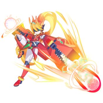 Rule 34 | 1girl, absurdres, aizeis, alternate costume, arm cannon, armor, armored boots, blonde hair, bodystocking, boots, breasts, ciel (mega man), commission, commissioner upload, dragon horns, fake horns, fire, flamethrower, forehead jewel, frown, full body, gauntlets, gloves, glowing, glowing eyes, helmet, highres, holding, holding weapon, horned helmet, horns, incoming attack, knee boots, long hair, mega man (series), mega man zero (series), mega man zx, model f (mega man), non-web source, petite, ponytail, shoulder armor, small breasts, solo, thigh armor, transparent background, weapon