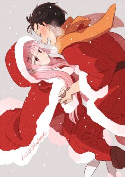 1boy 1girl alternate_costume alternate_hairstyle alternate_universe belt blush boots breasts breath brown_belt brown_boots brown_hair cape capelet christmas cloak closed_eyes coat cold dress ear_blush flat_chest floating fur-trimmed_boots fur-trimmed_cape fur-trimmed_capelet fur-trimmed_cloak fur-trimmed_coat fur-trimmed_dress fur-trimmed_headwear fur-trimmed_sleeves fur_trim grey_background hair_ornament hair_ribbon hand_grab leaning_forward leg_lift long_hair looking_at_another natsuki_subaru nose_blush orange_scarf pink_hair ram_(re:zero) re:zero_kara_hajimeru_isekai_seikatsu re:zero_kara_oboreru_isekai_seikatsu red_cape red_capelet red_coat red_eyes red_hood ribbon scarf short_hair small_breasts smile snow snowing tukemono6 visible_air winter winter_clothes x_hair_ornament