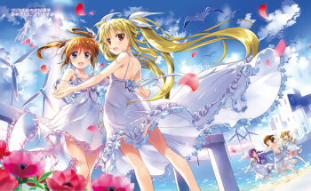 Rule 34 | 5girls, anniversary, arisa bunnings, beach, blonde hair, blue sky, brown hair, cloud, day, dress, dutch angle, fate testarossa, fisheye, flower, frilled dress, frills, fujima takuya, highres, holding hands, long hair, lyrical nanoha, mahou shoujo lyrical nanoha, multiple girls, outdoors, purple eyes, red eyes, sky, takamachi nanoha, tsukimura suzuka, twintails, white dress, wind turbine, windmill, yagami hayate
