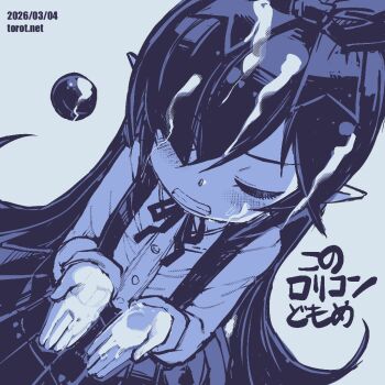 1girl backbeako_(torotei) backbeard blue_background blue_theme blush bow clenched_teeth closed_eyes collared_shirt commentary cum cum_on_body cum_on_hair cum_on_hands cupping_hands dated dated_commentary dutch_angle facial gegege_no_kitarou hair_bow hair_down hair_over_one_eye kono_lolicon_domome long_hair long_sleeves monochrome neck_ribbon original own_hands_together paid_reward_available pleated_skirt pointy_ears ribbon shirt simple_background skirt solo suspender_skirt suspenders sweatdrop teeth torotei translated upper_body variant_set very_long_hair watermark web_address