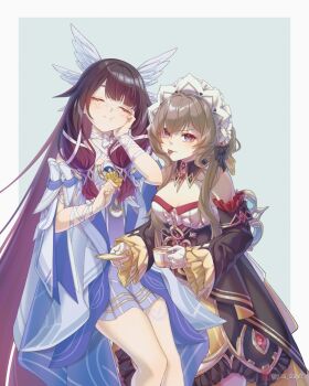 2girls :p :t arm_ribbon bare_shoulders black_bow black_collar black_dress black_sleeves blue_background blue_eyes blush bonnet bow brown_hair closed_eyes closed_mouth collar columbina_(genshin_impact) commentary cup detached_collar detached_sleeves dress eating english_commentary eye_mask feet_out_of_frame food frilled_dress frilled_sleeves frills genshin_impact gloves hair_bow hair_ribbon hand_on_own_cheek hand_on_own_face hand_up head_wings highres holding holding_cup holding_food holding_saucer juns_draws long_hair long_sleeves looking_at_viewer mask multicolored_hair multiple_girls purple_hair ribbon sandrone_(genshin_impact) saucer simple_background strapless strapless_dress teacup tongue tongue_out twitter_username two-tone_hair very_long_hair white_bow white_dress white_gloves white_wings winding_key wings