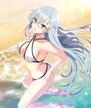 1girl barefoot beach bikini blue_hair breasts collarbone day feet from_above from_side game_cg glasses half_updo kitora_mirja kneeling large_breasts lens_flare long_braid long_hair looking_at_viewer official_art outdoors parted_lips partially_submerged purple-framed_eyewear sideboob soles solo sunlight swimsuit third-party_source toes toji_no_miko toji_no_miko:_kizamishi_issen_no_tomoshibi very_long_hair white_bikini yellow_eyes