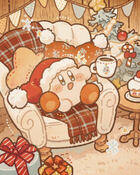 1boy :d arm_up armchair blue_eyes blush_stickers box bright_pupils bunting cake cake_slice candy candy_cane chair christmas christmas_tree commentary_request cup food fruit full_body fur-trimmed_headwear fur_trim gift gift_box happy harukui hat highres holding holding_cup indoors kirby kirby_(series) nintendo no_humans no_nose open_mouth red_hat sitting smile spread_legs steam strawberry white_pupils