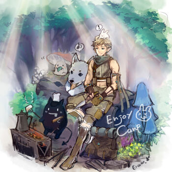 Rule 34 | 1boy, animal, animal on head, backpack, bag, blonde hair, blue eyes, boots, brown boots, brown gloves, campfire, closed mouth, commentary request, creature, crop top, deviruchi, eating, fingerless gloves, forest, full body, gloves, gobaku no hito, grey shirt, grey shorts, log, lunatic (ragnarok online), male focus, mushroom, musical note, nature, on head, outdoors, pointy ears, rabbit, rabbit on head, ragnarok masters, ragnarok online, ranger (ragnarok online), shirt, short hair, shorts, sitting, sleeveless, sleeveless shirt, smile, solo, spoken musical note, spore (ragnarok online), sunlight, teapot, tree, wolf