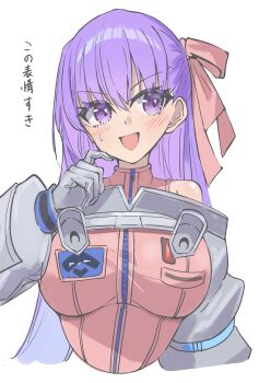 1girl absurdres bb_(fate) bb_cosmo_(fate) blush breasts fate/grand_order fate_(series) gloves grey_gloves grey_shrug hair_ribbon highres large_breasts leotard long_hair long_sleeves looking_to_the_side open_mouth pink_leotard pink_ribbon puffy_long_sleeves puffy_sleeves purple_eyes purple_hair ribbon shrug_(clothing) smile solo spacesuit toukan translation_request very_long_hair