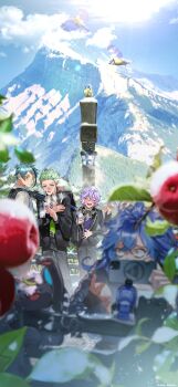 5boys :d ^_^ absurdres ahoge animal apple aqua_hair bag bird black_hair black_jacket black_pants black_vest blue_hair blue_sky blurry blurry_foreground blush bottle bow bowtie can closed_eyes closed_mouth cloud collared_shirt commentary_request creature crossed_bangs cup day depth_of_field drinking epel_felmier fence food fruit green_eyes green_hair green_vest grim_(twisted_wonderland) hair_between_eyes highres holding holding_bottle holding_can holding_cup holding_phone idia_shroud jacket jade_leech jewelry lamppost leaf light_particles long_hair long_sleeves looking_at_another looking_at_viewer male_focus mau_sakura mountain mountainous_horizon multicolored_hair multiple_boys necktie open_mouth outdoors pants phone purple_hair purple_vest scenery school_uniform sebek_zigvolt shirt shoes short_hair sky smile snow sparkle squatting standing steam streaked_hair striped_bow striped_bowtie striped_clothes striped_necktie sunlight taking_picture tree twisted_wonderland twitter_username vest water_bottle white_shirt wide_shot winter yellow_eyes