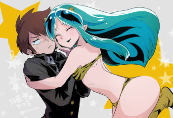 1boy 1girl animal_print annoyed black_jacket boots brown_hair closed_eyes gakuran green_hair grey_background hetero horns jacket long_hair long_sleeves lum moroboshi_ataru school_uniform shiroton_(kazamineko) short_hair smile star_(symbol) star_print sweatdrop tiger_print urusei_yatsura