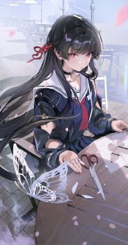 1girl absurdres arm_cutout black_choker black_hair black_jacket black_serafuku black_shirt black_skirt blush breasts bright_pupils bug butterfly chair chisa_(wuthering_waves) choker closed_mouth clothing_cutout collarbone commentary_request floating_hair hair_ribbon highres insect jacket jewelry long_hair long_sleeves looking_at_viewer mole mole_under_eye multiple_rings nail_polish neckerchief on_chair open_clothes outdoors paper_butterfly paper_cutout pleated_skirt red_eyes red_neckerchief red_ribbon ribbon ring sailor_collar school_uniform scissors serafuku shirt sidelocks sitting skirt solo table tacet_mark_(wuthering_waves) uouokuma very_long_hair white_pupils white_sailor_collar wind wuthering_waves