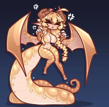 >_< 1girl absurdly_long_tail absurdres bandaged_horn blonde_hair blush braid commentary dragon dragon_girl dragon_horns dragon_wings english_commentary full-face_blush gold_scales highres horns indie_virtual_youtuber limebreaker long_hair pointy_ears scales single_braid solo tail whiskey_project wings yellow_scales