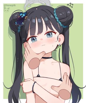 1girl absurdres alternate_costume artist_name bikini black_bikini black_choker black_hair blue_archive blush border butterfly_hair_ornament choker closed_mouth commentary disembodied_hand double_bun earrings flat_chest flying_sweatdrops green_background grey_eyes grey_halo hair_bun hair_ornament halo highres jewelry kisaki_(blue_archive) large_variant_set loli long_hair looking_at_viewer micro_bikini outside_border solo_focus sseopik string_bikini stud_earrings swimsuit twintails upper_body variant_set white_border