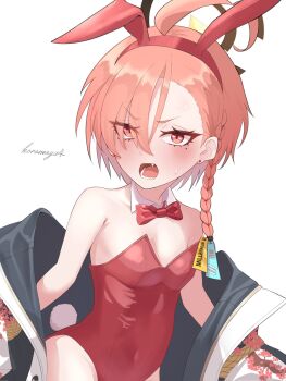 1girl ahoge animal_ear_hairband animal_ears artist_name artist_request blue_archive blush bow bowtie braid detached_collar earrings embarrassed fake_animal_ears fake_tail flat_chest hair_ornament hair_tie hairband halo highres huge_ahoge jacket jewelry koromoya4 leotard mole mole_under_each_eye mole_under_eye multiple_moles neru_(blue_archive) neru_(bunny)_(blue_archive) off-shoulder_jacket off_shoulder open_clothes open_jacket open_mouth orange_hair playboy_bunny rabbit_ear_hairband rabbit_ears rabbit_tail red_bow red_bowtie red_eyes red_hairband red_leotard short_hair side_braid signature solo standing sukajan sweat tail white_background