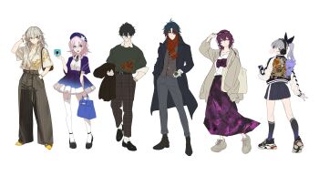 2boys 4girls absurdres alternate_costume bare_shoulders blade_(honkai:_star_rail) casual contemporary dan_heng_(honkai:_star_rail) daniel_deng dress full_body hair_between_eyes highres honkai:_star_rail honkai_(series) kafka_(honkai:_star_rail) long_hair march_7th_(honkai:_star_rail) multiple_boys multiple_girls pants partially_unbuttoned shirt silver_wolf_(honkai:_star_rail) simple_background sketch skirt stelle_(honkai:_star_rail) trailblazer_(honkai:_star_rail) white_background white_shirt
