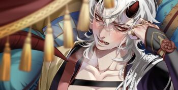 a_date_with_death aegyo_sal alternate_costume blurry blurry_foreground blush casper_(a_date_with_death) clothing_request curtains demon_horns hand_on_own_face head_rest highres horns jewelry looking_at_viewer multiple_rings narrowed_eyes official_art open_mouth promotional_art ring saliva sweatdrop tassel upper_body