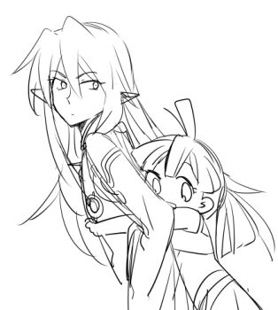 1boy 1girl :d ahoge cestus_(sekaiju) cestus_2_(sekaiju) elf etrian_odyssey eyelashes hug hug_from_behind kokecoo lineart long_hair lowres monochrome open_mouth pointy_ears sekaiju_no_meikyuu sekaiju_no_meikyuu_5 smile warlock_(sekaiju) warlock_3_(sekaiju)