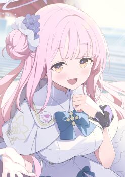 Rule 34 | 1girl, :d, black scrunchie, blue archive, blue bow, blurry, blurry background, blush, bow, breasts, brown eyes, capelet, commentary request, depth of field, dress, feathered wings, flower, hair bun, hair flower, hair ornament, halo, hands up, highres, long hair, looking at viewer, low wings, medium breasts, mika (blue archive), open mouth, pink hair, purple flower, scrunchie, single side bun, smile, solo, tam-u, very long hair, white capelet, white dress, white wings, wings, wrist scrunchie