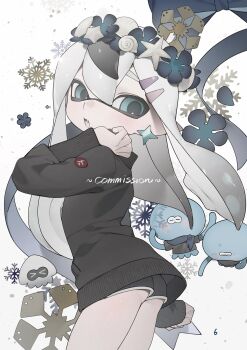 >_< 1girl 2others ass black_shorts black_sweater blue_bow blue_eyes bow clenched_hand commentary_request commission earrings gomi20021021 grey_hair hair_ornament hairclip head_wreath highres inkling inkling_girl inkling_player_character jellyfish_(splatoon) jewelry long_hair multiple_others nintendo open_mouth pointy_ears short_shorts shorts snowflakes splatoon_(series) splatoon_3 squid star_(symbol) star_earrings sweater tentacle_hair watermark white_background