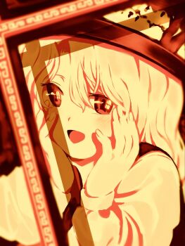 1girl brown_hat dolls_in_pseudo_paradise eye_reflection fedora frilled_hat frills hands_on_own_cheeks hands_on_own_face hat highres jacket_girl_(dipp) long_hair long_sleeves monochrome reflection sepia shirt smile touhou turtle-kun vest wavy_hair white_shirt yandere_trance