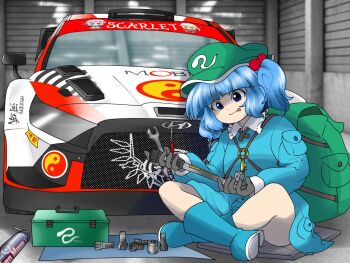 Rule 34 | 1girl, 3girls, :p, backpack, bag, beads, blue hair, blunt bangs, car, decal, edwardmidori, flandre scarlet, green bag, green hat, hair beads, hair ornament, hat, highres, holding, holding screwdriver, holding tool, holding wrench, kawashiro nitori, key, motor vehicle, multiple girls, race vehicle, racecar, remilia scarlet, screwdriver, tongue, tongue out, toolbox, touhou, wrench