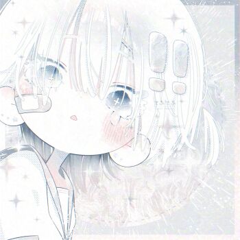 ! !! 1girl artist_name bandaid bandaid_on_cheek bandaid_on_face blush border dot_nose eyelashes eyes_visible_through_hair gradient_border highres medium_hair monochrome original outside_border parted_lips sailor_collar screentones solo square thk_41 upper_body white_theme