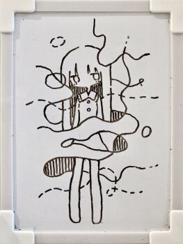 Rule 34 | 1girl, buttons, collared dress, colo (frypan soul), dress, full body, greyscale, long hair, looking at viewer, monochrome, original, short dress, solo, standing, straight hair, traditional media, white background, whiteboard (medium)