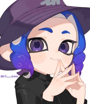 Rule 34 | 1girl, blue hair, bucket hat, eyelashes, hat, highres, looking at viewer, medium hair, nintendo, octoling, octoling girl, octoling player character, own hands together, purple eyes, purple hair, purple hat, sabata saba, simple background, solo, splatoon (series), splatoon 3, tentacle hair, thick eyebrows, upper body, white background