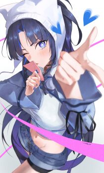 1girl absurdres animal_hat bike_shorts bike_shorts_under_shorts black_hair blue_eyes blue_hair blue_shorts blue_shrug braid braided_sidelocks breasts cat_hat collared_shirt colored_inner_hair commentary cropped_shirt curtained_hair denim denim_shorts english_commentary envelope finger_gun hat heart highres holding holding_envelope hololive hololive_english kronie_(ouro_kronii) large_breasts looking_at_viewer midriff multicolored_hair navel official_alternate_hairstyle one_eye_closed ouro_kronii shirt shorts shrug_(clothing) sidelocks simple_background solo star-shaped_pupils star_(symbol) symbol-shaped_pupils virtual_youtuber way_2_u_(ouro_kronii) white_background white_hat white_shirt zargaz