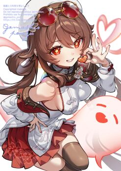 1girl beret black_scarf blush boo_tao_(genshin_impact) breasts brown_hair brown_thighhighs candy chocolate chocolate_heart detached_sleeves dress food genshin_impact ghost gomashio_ponz grin hair_rings hat heart heart-shaped_food highres hu_tao_(cherries_snow-laden)_(genshin_impact) hu_tao_(genshin_impact) long_hair looking_at_viewer medium_breasts red-tinted_eyewear red_eyes red_skirt round_eyewear scarf skirt smile sunglasses symbol-shaped_pupils thighhighs thighs tinted_eyewear twintails very_long_hair white_dress white_hat