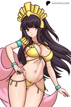 Rule 34 | 1girl, absurdres, alternate costume, armlet, artist name, astarte (castlevania), astarte (castlevania) (cosplay), bikini, black hair, blunt bangs, bracelet, breasts, castlevania (series), cleavage, clothing request, commentary, contrapposto, cosplay, cowboy shot, earrings, egyptian, fire emblem, fire emblem awakening, gold bikini, hand on own hip, harem outfit, hayato stuff, headpiece, highres, hoop earrings, jewelry, large breasts, long hair, looking at viewer, navel, nintendo, parted lips, patreon logo, purple eyes, simple background, solo, standing, stomach, swimsuit, tharja (fire emblem), white background