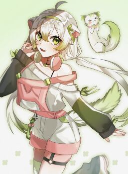 1girl ahoge animal_ears ferret ferret_ears ferret_girl gradient_hair green_eyes green_hair green_hairband green_ribbon green_sweater green_thighhighs hair_between_eyes hairband headphones headphones_around_neck highres indie_virtual_youtuber limealicious limealicious_(cozy) limon_(limealicious) looking_at_viewer multicolored_hair omui05 overall_shorts overalls pink_overalls ribbon shorts single_thighhigh solo standing standing_on_one_leg striped_clothes striped_thighhighs sweater thighhighs thighs twintails vinesauce virtual_youtuber white_hair