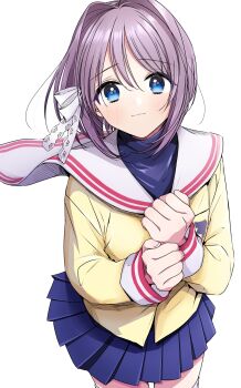Rule 34 | 1girl, blue eyes, blue skirt, clannad, closed mouth, cowboy shot, fujibayashi ryou, hair ribbon, highres, hikarizaka private high school uniform, jacket, long sleeves, looking at viewer, medium hair, pleated skirt, purple hair, ribbon, roroichi, sailor collar, school uniform, serafuku, simple background, skirt, solo, tress ribbon, white background, white ribbon, white sailor collar, yellow jacket
