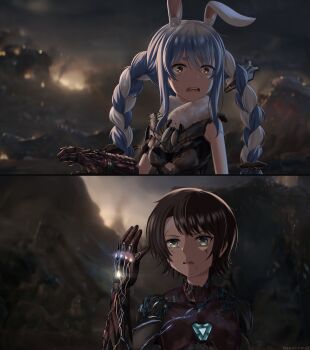 2girls animal_ears avengers:_endgame avengers_(series) blue_hair braid breasts brown_eyes brown_hair cosplay crossover derivative_work don-chan_(usada_pekora) fur_scarf gardavwar green_eyes hair_behind_ear highres hololive infinity_gauntlet iron_man iron_man_(cosplay) long_hair marvel marvel multiple_girls oozora_subaru open_hand open_mouth rabbit_ears rabbit_girl scene_reference screenshot_redraw short_hair small_breasts spoilers thanos thanos_(cosplay) twin_braids usada_pekora virtual_youtuber white_hair