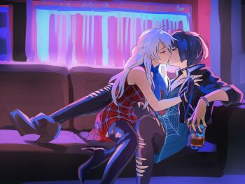 2girls alternate_costume black_boots black_choker black_jacket blue_dress blue_hair blue_neckerchief boots breasts brown_shoes choker closed_eyes commentary commission couch cross cross_necklace crossover cup dress drinking_glass english_commentary fire_emblem fire_emblem:_radiant_dawn fusenryo high_heel_boots high_heels highres holding holding_cup jacket jewelry kiss leather leather_jacket long_hair medium_breasts micaiah_(fire_emblem) multiple_girls neckerchief necklace nintendo on_couch pantyhose persona persona_5 plaid_clothes plaid_dress red_dress second-party_source shoes short_hair spider_web_print takemi_tae thigh_boots torn_clothes torn_pantyhose white_hair yuri