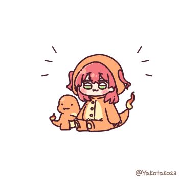 1girl :3 blush_stickers bocchi_the_rock! buttons charmander charmander_(cosplay) chibi chibi_only claws commentary cosplay crossover fire flame-tipped_tail full_body gen_1_pokemon green_eyes highres kita_ikuyo nintendo pokemon pokemon_(creature) red_eyes simple_background sitting solo tail two_side_up white_background yakotako