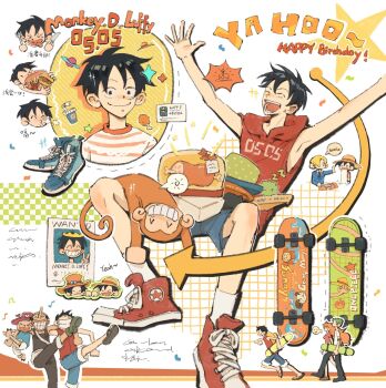 1girl 6+boys arms_around_neck black_eyes black_hair blonde_hair boned_meat chinese_text demee_qoq earrings eating facial_scar food full_body green_hair happy_birthday highres hood hoodie jewelry male_focus meat monkey monkey_d._luffy multiple_boys multiple_views nami_(one_piece) one_piece orange_hair portgas_d._ace roronoa_zoro sanji_(one_piece) scar scar_on_cheek scar_on_face shoes short_hair sideburns simple_background single_earring skateboard sleeveless sleeveless_hoodie smile sneakers tony_tony_chopper translation_request usopp v white_background yaoi