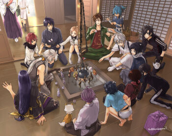 Rule 34 | 6+boys, ahoge, basket, black hair, black scarf, blue eyes, blue hair, bow, brown eyes, brown hair, choko (cup), cup, eyepatch, food, fox, hair bow, hakama, hakama skirt, houchou toushirou, indian style, japanese clothes, jirou tachi, kasen kanesada, kashuu kiyomitsu, kogitsunemaru, konnosuke, long hair, low-tied long hair, male focus, marshmallow, mikazuki munechika, mole, mole under eye, monoyoshi sadamune, multiple boys, namazuo toushirou, open mouth, otegine, photoshop (medium), ponytail, pot, purple hair, red eyes, red scarf, sayo samonji, scarf, seiza, shinano toushirou, shokudaikiri mitsutada, sitting, skirt, smile, sunomata, taikogane sadamune, tarou tachi, touken ranbu, track suit, tsurumaru kuninaga, white hair, white scarf, yamato-no-kami yasusada, yellow eyes
