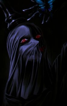 #black 1boy black_dress blue_butterfly blurry blurry_background bug butterfly commentary_request dress dybala41 evil_smile hair_ornament hand_up highres imu_(one_piece) insect one_piece red_eyes silk smile