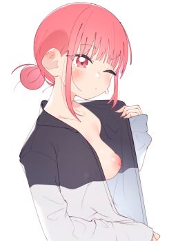 1girl ao_no_hako black_jacket blush breasts chouno_hina closed_mouth collarbone dot_mouth hair_bun highres jacket long_sleeves multicolored_jacket nipples one_breast_out one_eye_closed open_clothes open_jacket pink_eyes pink_hair rasusurasu simple_background sleeves_past_wrists solo sweat two-tone_jacket white_background white_jacket